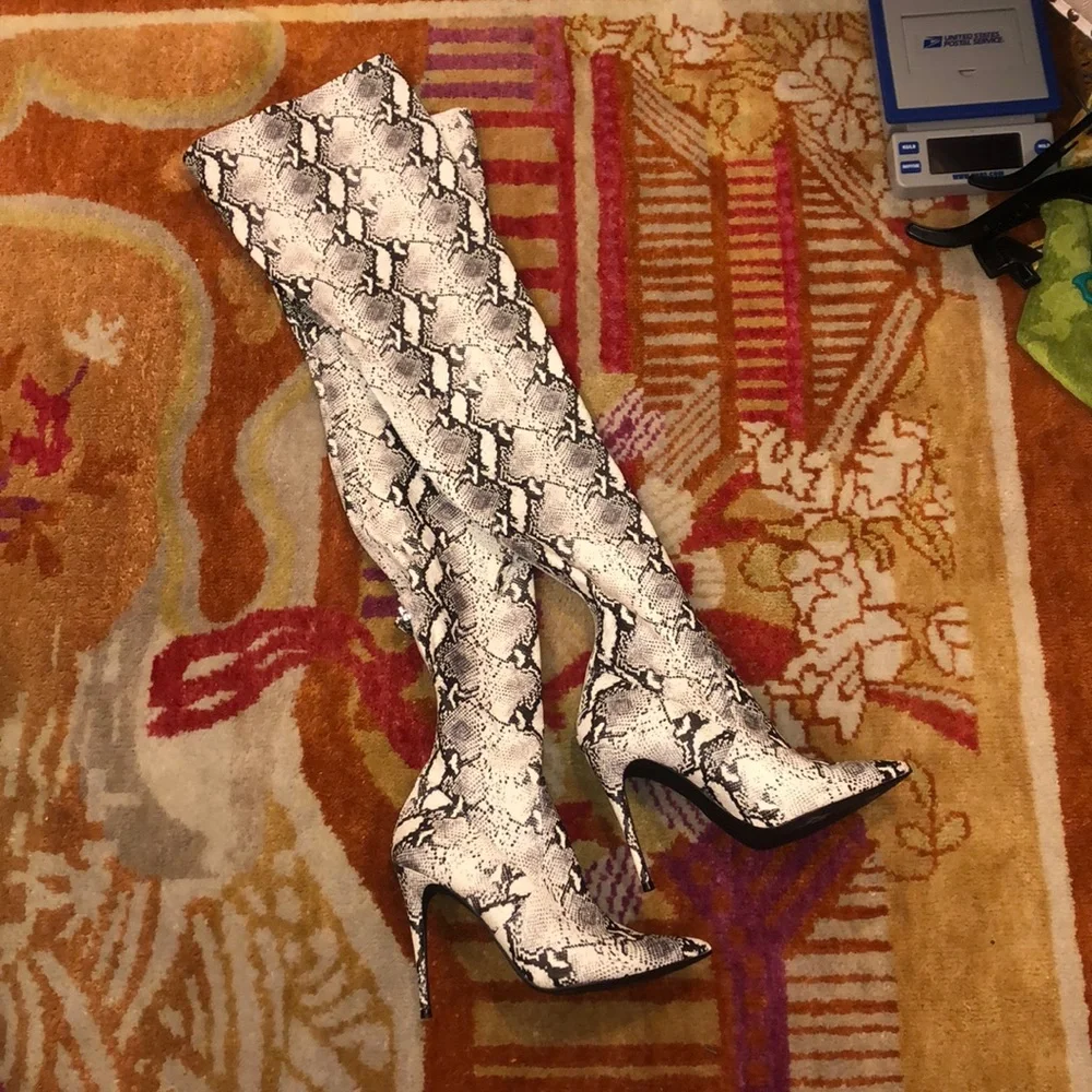 Steve Madden Snake Print Over-the-Knee Stiletto Boots in Grey and Cream